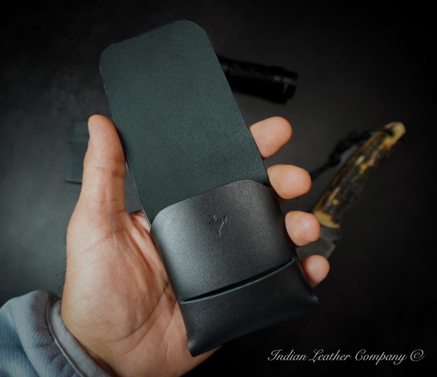 Stitchless Origami wallet in premium black full grain veg tanned italian leather made by Indian Leather Company in a compact style EDC