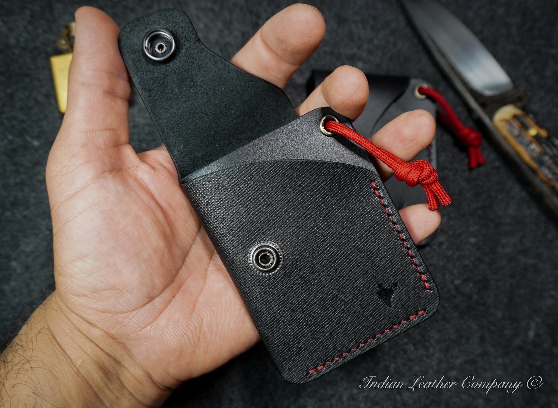 Close-up of the K2 wallet featuring premium full grain Italian leather, sleek card slots, and easy-access cash slot.