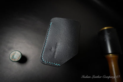 Minimalist black leather card wallet handmade by Indian leather artisans