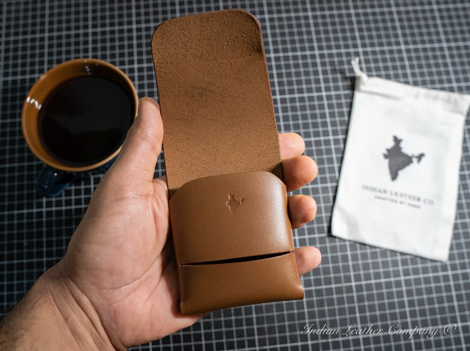 Opened Brown Stitchless 2.1 Origami wallet made with Full grain Veg tanned leather by Indian Leather Company