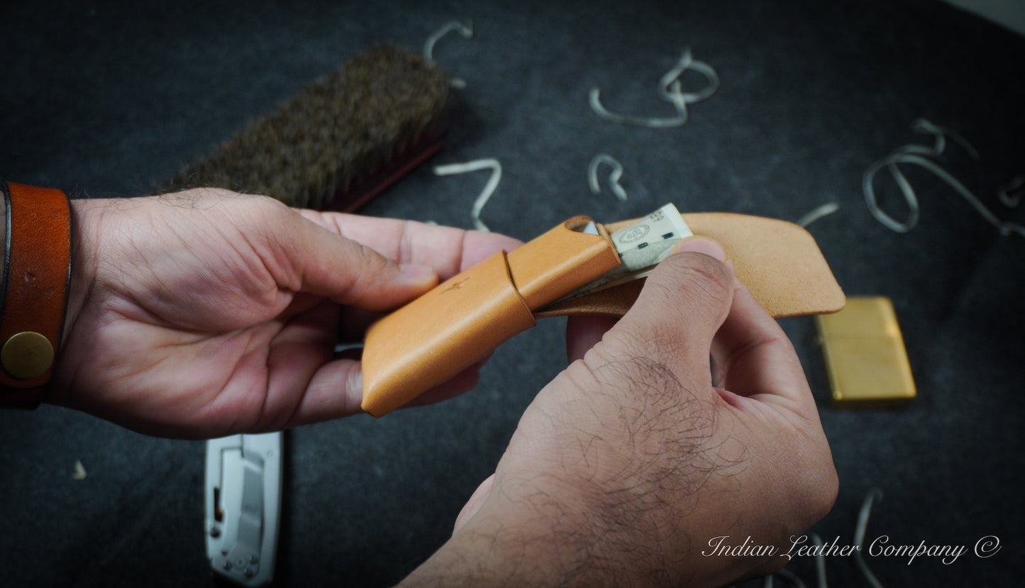 Full grain veg tanned minimal premium wallet in stichless origami style made by Indian Leather company in Minerva Tan 