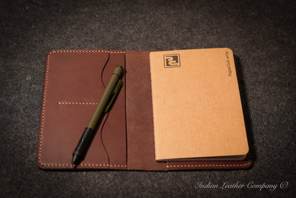 Open A6 leather journal cover with checkered notebook, card slots and notes pocket on the left panel