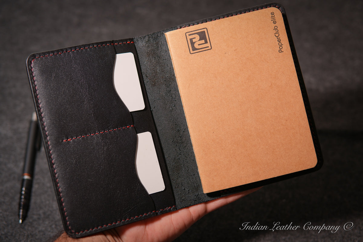 Open A6 leather journal cover with checkered notebook, card slots and notes pocket on the left panel