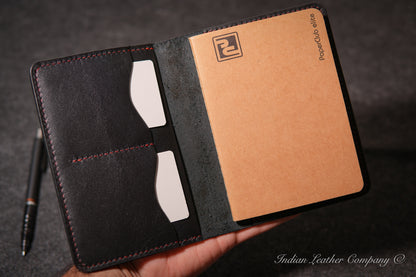 Open A6 leather journal cover with checkered notebook, card slots and notes pocket on the left panel